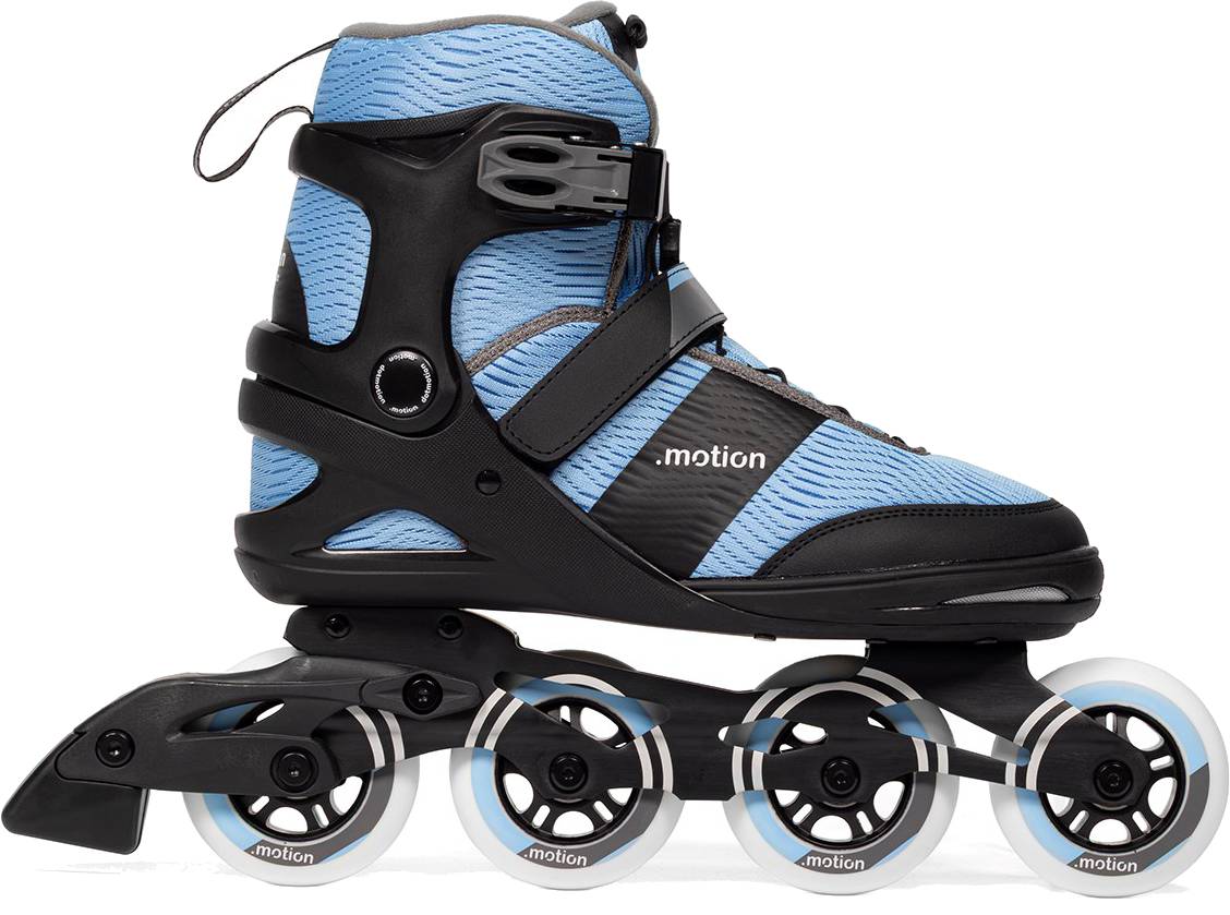 .motion Dreamstate Fly Inline Skates - Sky in light blue and black, featuring a ratcheting ankle buckle, a midfoot strap, and four 84mm PU wheels.