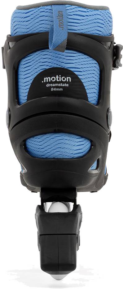 Back view of sky-blue and black .motion Dreamstate Fly inline skates featuring 84mm PU wheels.