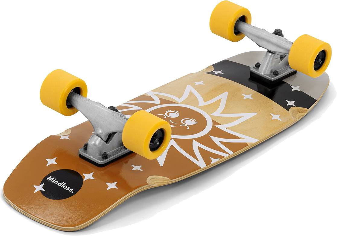 The Mindless Soul Surf Skate Cruiser Skateboard 29.5″ x 9.75″ - Brown has yellow wheels, a brown deck with sun and star graphics, a smiling sun face, and “Mindless” printed at one end.