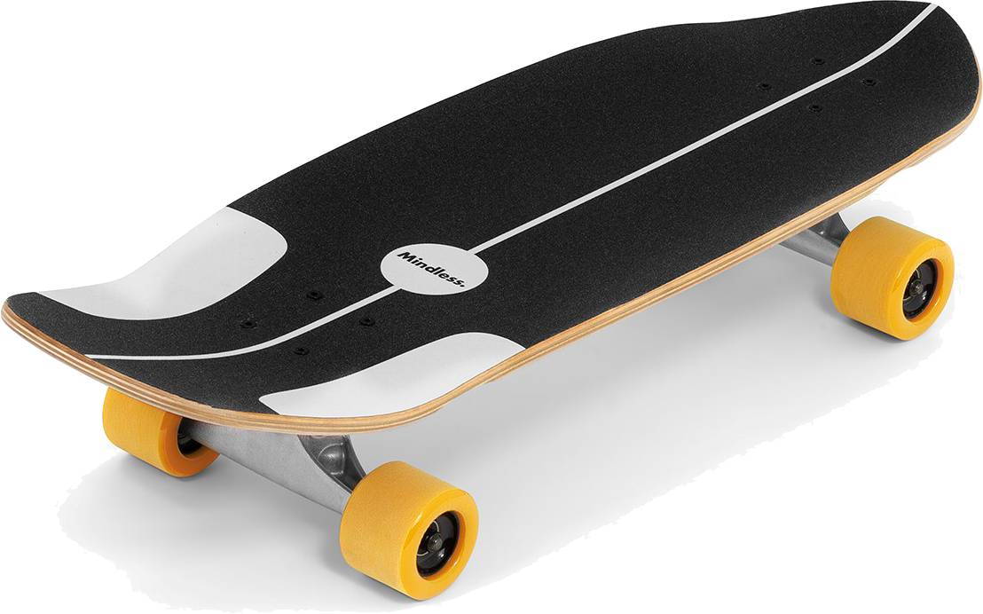 The Mindless Soul Surf Skate Cruiser Skateboard 29.5″ x 9.75″ - Brown features white accents, yellow wheels, and a wooden edge, displayed at an angle against a white background.