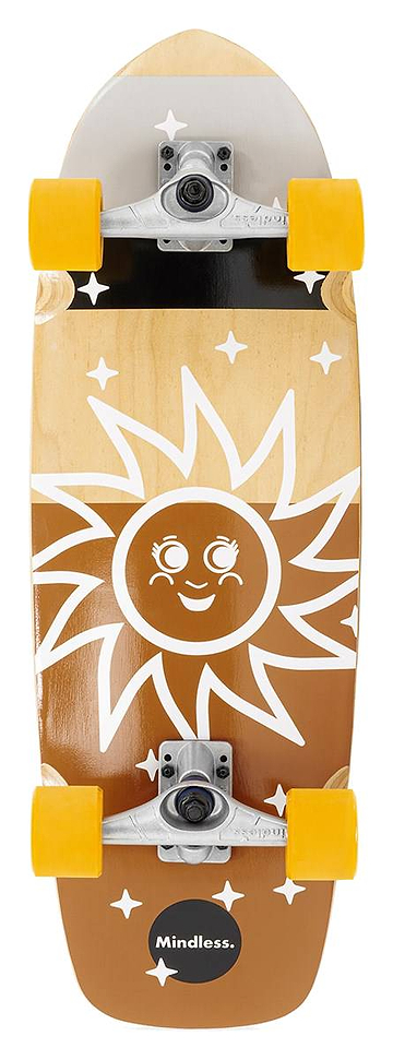 The Mindless Soul Surf Skate Cruiser Skateboard 29.5″ x 9.75″ - Brown features yellow wheels, a wooden deck, and a sun graphic with a smiling face and stars. “Mindless.” appears at the bottom.