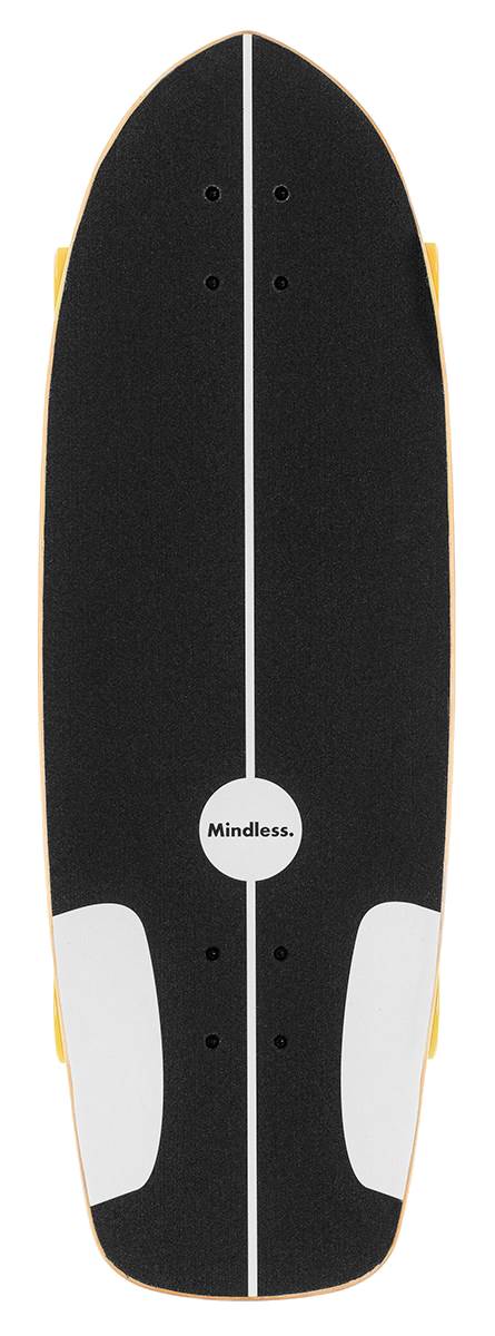 The Mindless Soul Surf Skate Cruiser Skateboard 29.5″ x 9.75″ - Brown features a black deck with a white center stripe, two white grip patches, yellow sides, and a “Mindless.” circle logo at the center.
