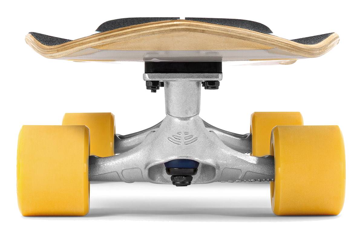 Close-up view of the Mindless Soul Surf Skate Cruiser Skateboard 29.5″ x 9.75″ - Brown, featuring yellow wheels, a metal surf truck, and a wooden deck with black grip tape.