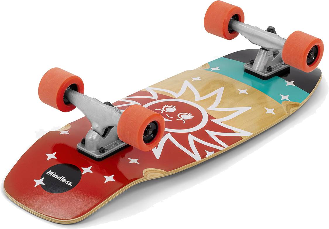 The Mindless Soul Surf Skate Cruiser Skateboard 29.5″ x 9.75″ - Red features orange wheels, a sun graphic with a smiling face on the wooden deck, and colorful red, teal, and black sections with “Mindless” branding.
