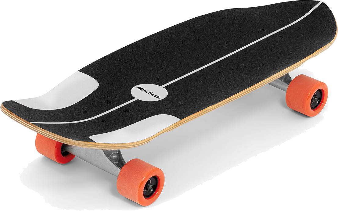 The Mindless Soul Surf Skate Cruiser Skateboard 29.5″ x 9.75″ - Red by Mindless features a black deck with wooden edges, white designs, and red-orange wheels, shown against a white background.