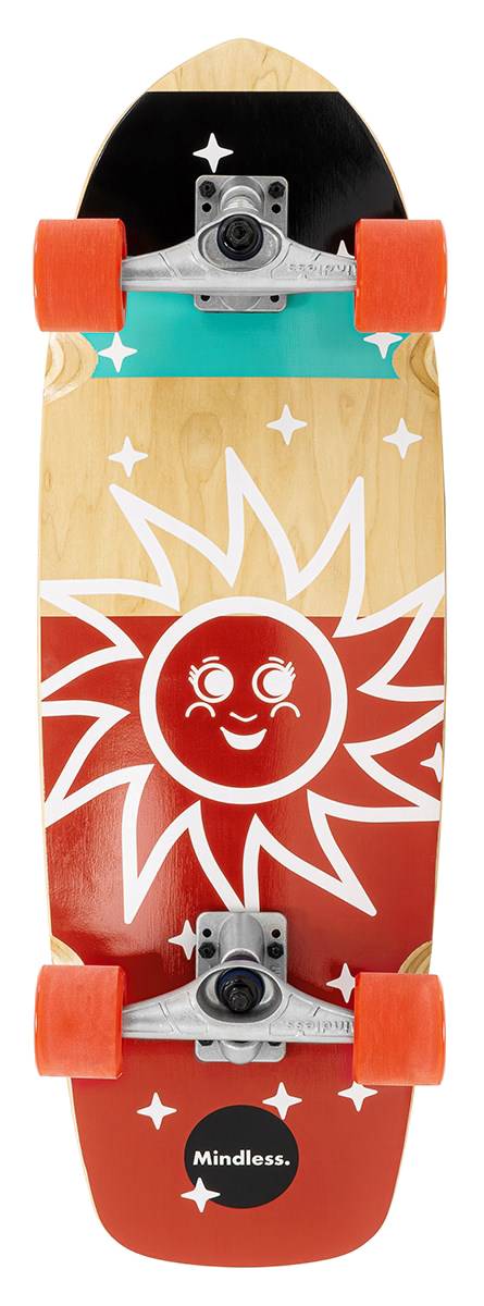 A Mindless Soul Surf Skate Cruiser Skateboard 29.5″ x 9.75″ - Red with orange wheels and a deck featuring a smiling sun, stars, “Mindless” graphics, and bold natural wood, red, black, and teal accents.