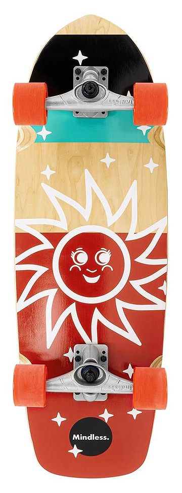 A Mindless Soul Surf Skate Cruiser Skateboard 29.5″ x 9.75″ - Red with orange wheels and a deck featuring a smiling sun, stars, “Mindless” graphics, and bold natural wood, red, black, and teal accents.