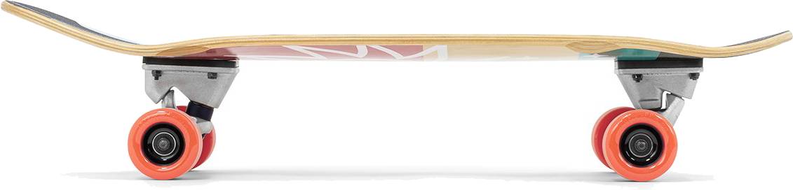 Side view of a Mindless Soul Surf Skate Cruiser Skateboard 29.5″ x 9.75″ - Red with a light wooden deck, silver trucks, and orange wheels, shown against a white background. Brand: Mindless.