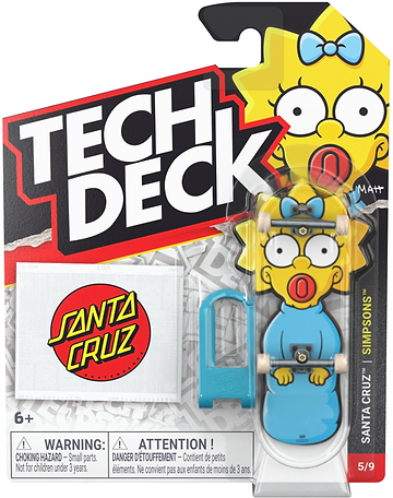 Introducing the Tech Deck 96mm M04 Santa Cruz Fingerboard - Maggie Simpson by Tech Deck, showcasing Maggie from The Simpsons alongside the iconic Santa Cruz logo—an ideal collectible for fingerboard enthusiasts. This set includes a skate tool and ramp piece, packaged in blister packaging with clear warning labels and an age recommendation of 6+ displayed on the front.