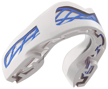 The Safejawz Nitro Series Protection Mouthguard in white/blue features geometric cutouts and textured inner sections for shock absorption—ideal for sports.