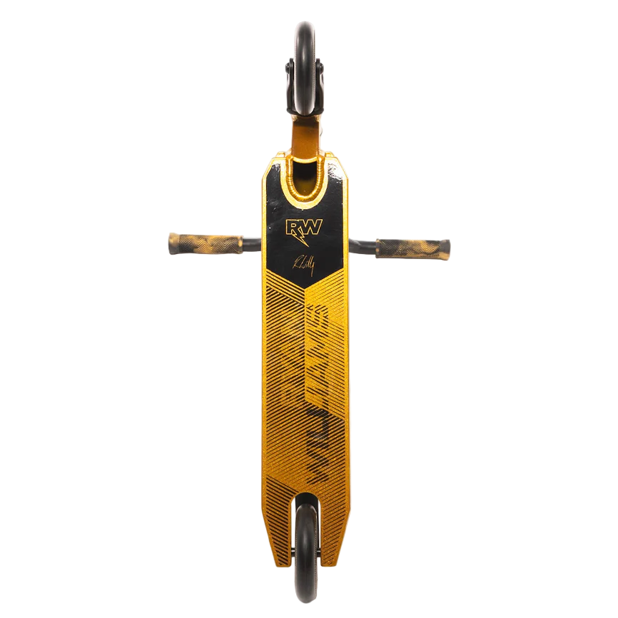 Top view of the Nitro Circus Ryan Williams Signature Replica 2025 Complete Stunt Scooter in gold and black, with matching handlebars extending horizontally and two black wheels at each end.