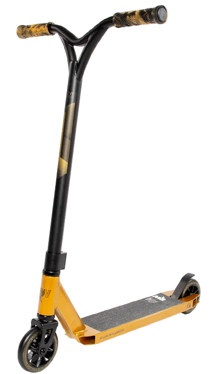 The Nitro Circus Ryan Williams Signature Replica 2025 Complete Stunt Scooter in gold and black features black handlebars, gold patterned grips, black wheels, and a textured foot deck, shown against a plain white background.