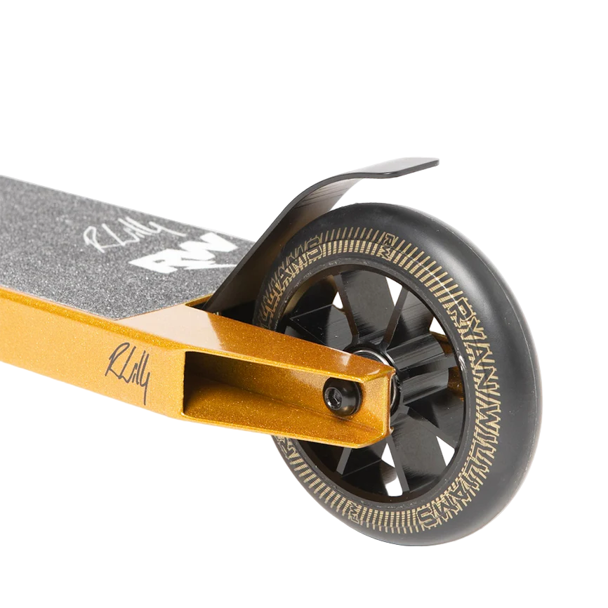 Close-up of the Nitro Circus Ryan Williams Signature Replica 2025 Complete Stunt Scooter in Gold/Black, featuring a detailed gold deck, black wheel with gold accents, metal brake, and signature grip tape—ideal for beginner stunt scooter riders.