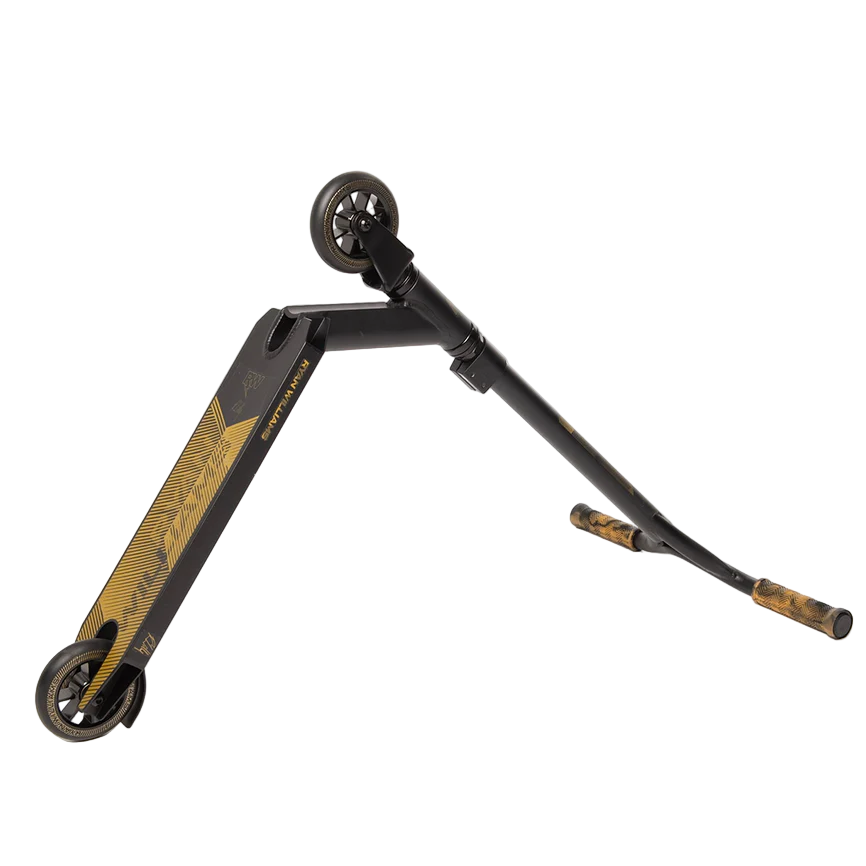 The Nitro Circus Ryan Williams Junior Replica 2025 Complete Stunt Scooter in black is shown mid-air, with the patterned deck and grips highlighted, and the deck and handlebars separated at an angle.