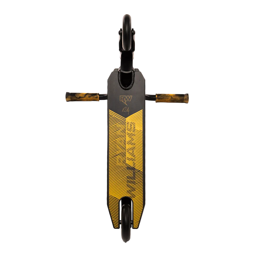 Top view of the Nitro Circus Ryan Williams Junior Replica 2025 Complete Stunt Scooter in black, featuring black and brown camo-style grips, a geometric yellow deck design, and two black wheels by Nitro Circus.