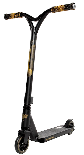 The Nitro Circus Ryan Williams Junior Replica 2025 Complete Stunt Scooter in black features gold handlebar grips, a black deck, and gold wheel accents—perfect for young riders seeking pro style in a compact Nitro Circus design.