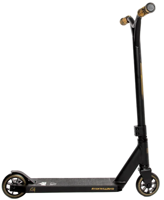 The Nitro Circus Ryan Williams Junior Replica 2025 Complete Stunt Scooter in black features gold accents, a textured deck, two small wheels, and angled handlebars, shown upright against a plain white background.