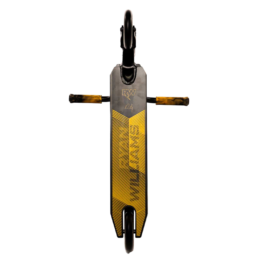 The Nitro Circus Ryan Williams Signature Replica 2025 Complete Stunt Scooter in black features a deck with diagonal yellow lines, two wheels, and handlebars with yellow and black grips, all viewed from above.