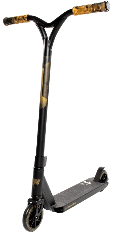 The Nitro Circus Ryan Williams Signature Replica 2025 Complete Stunt Scooter in black features gold grips, a sturdy T-bar, small wheels, and a grippy deck with minimal graphics—ideal for beginners inspired by Ryan Williams’ style.