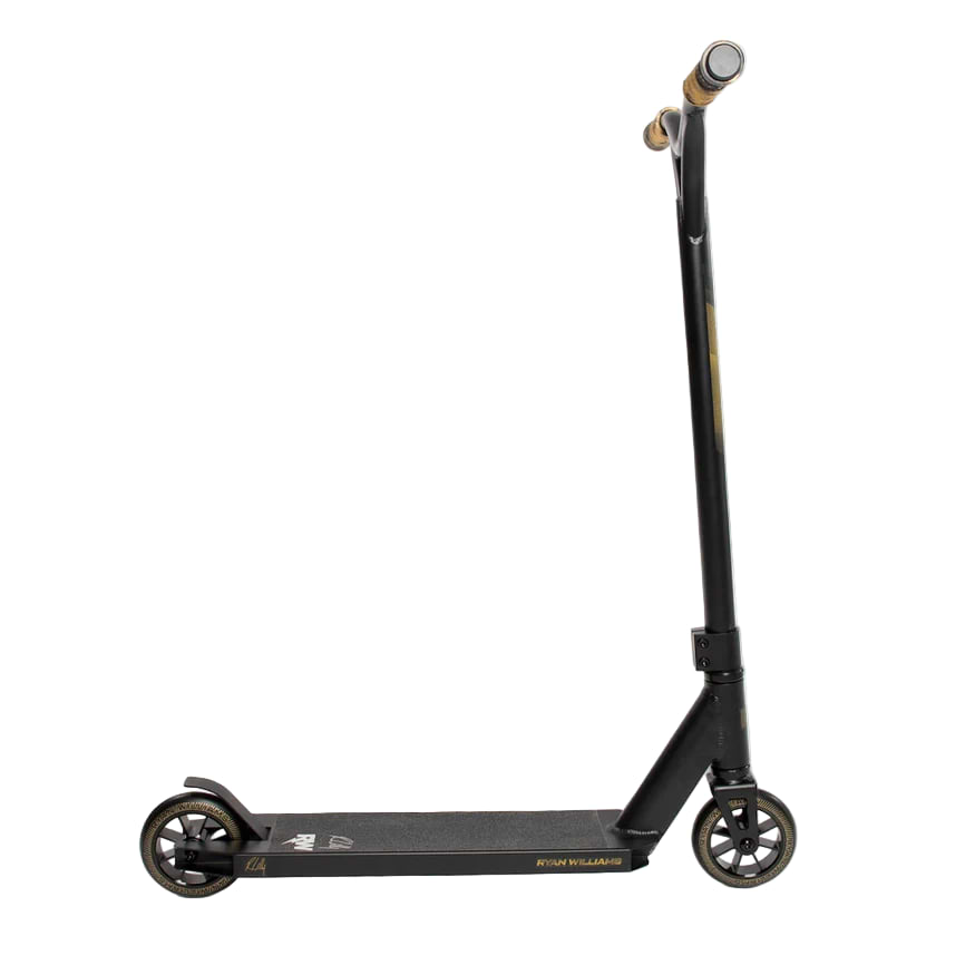 The Nitro Circus Ryan Williams Signature Replica 2025 Stunt Scooter in black features gold accents, small wheels, a flat deck with printed text, striped black and gold handle grips, and high handlebars. Ideal for beginners. Shown in profile on a white background.