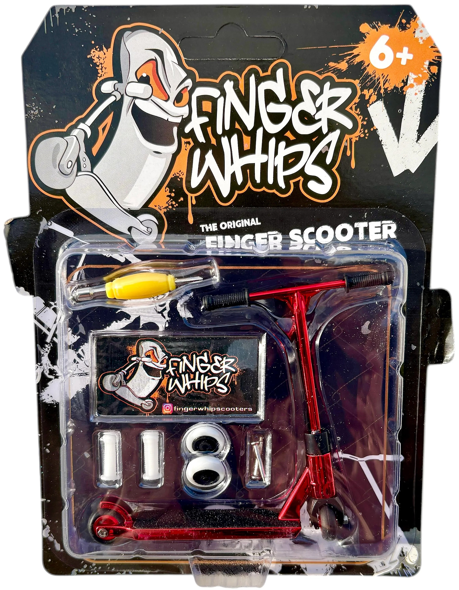 The Finger Whips Finger Toy Scooter – Red by Finger Whips comes in graffiti-branded packaging and includes a red finger scooter, yellow tool, extra wheels, and stickers. Designed for ages 6 and up, it’s perfect for mini scooter fans eager to master new tricks.