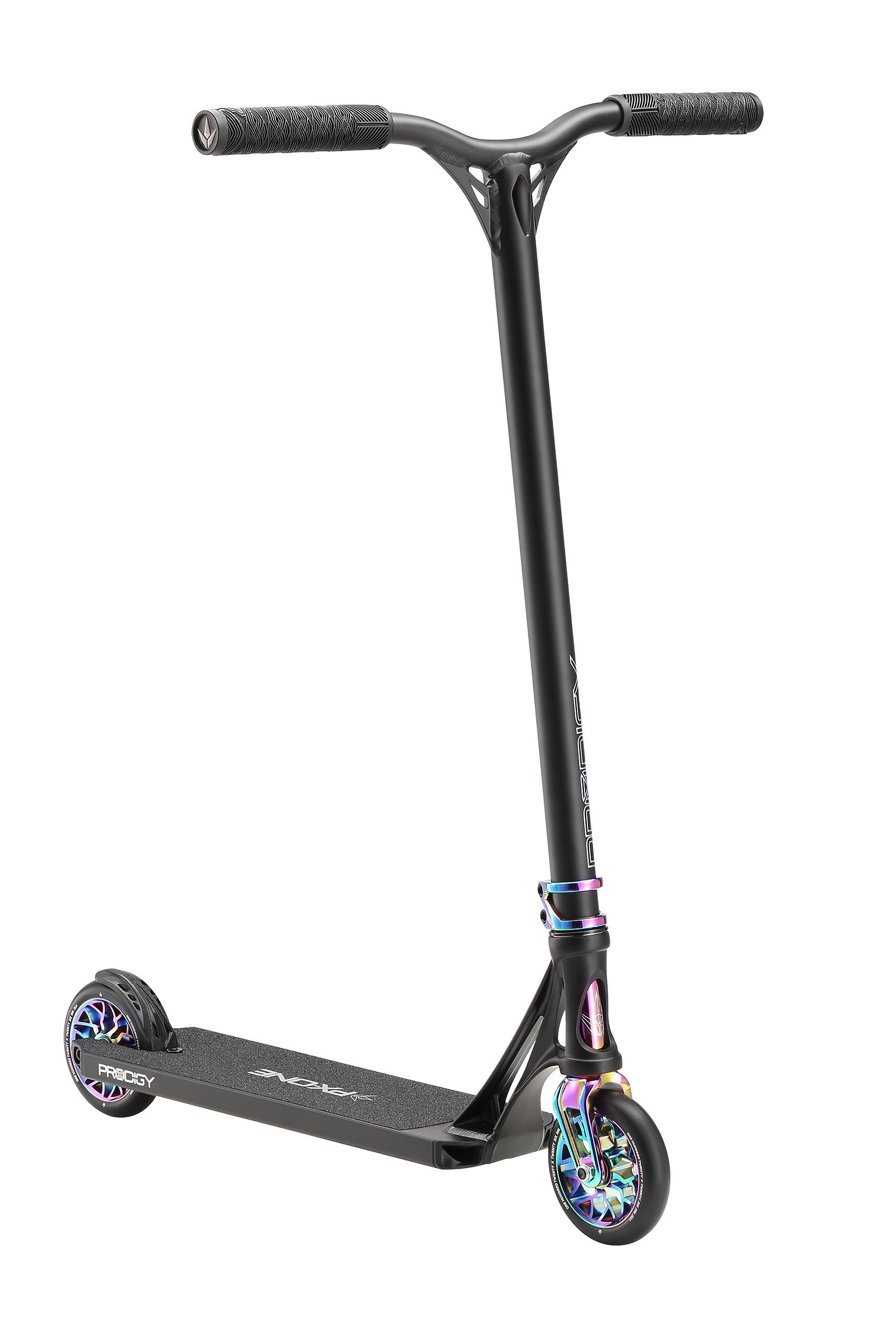 The Blunt Envy Prodigy X ONE Complete Stunt Scooter in Black/Oil Slick Neochrome features a straight handlebar, rainbow accents on the wheels and clamp, and a textured Extech deck, displayed against a white background.