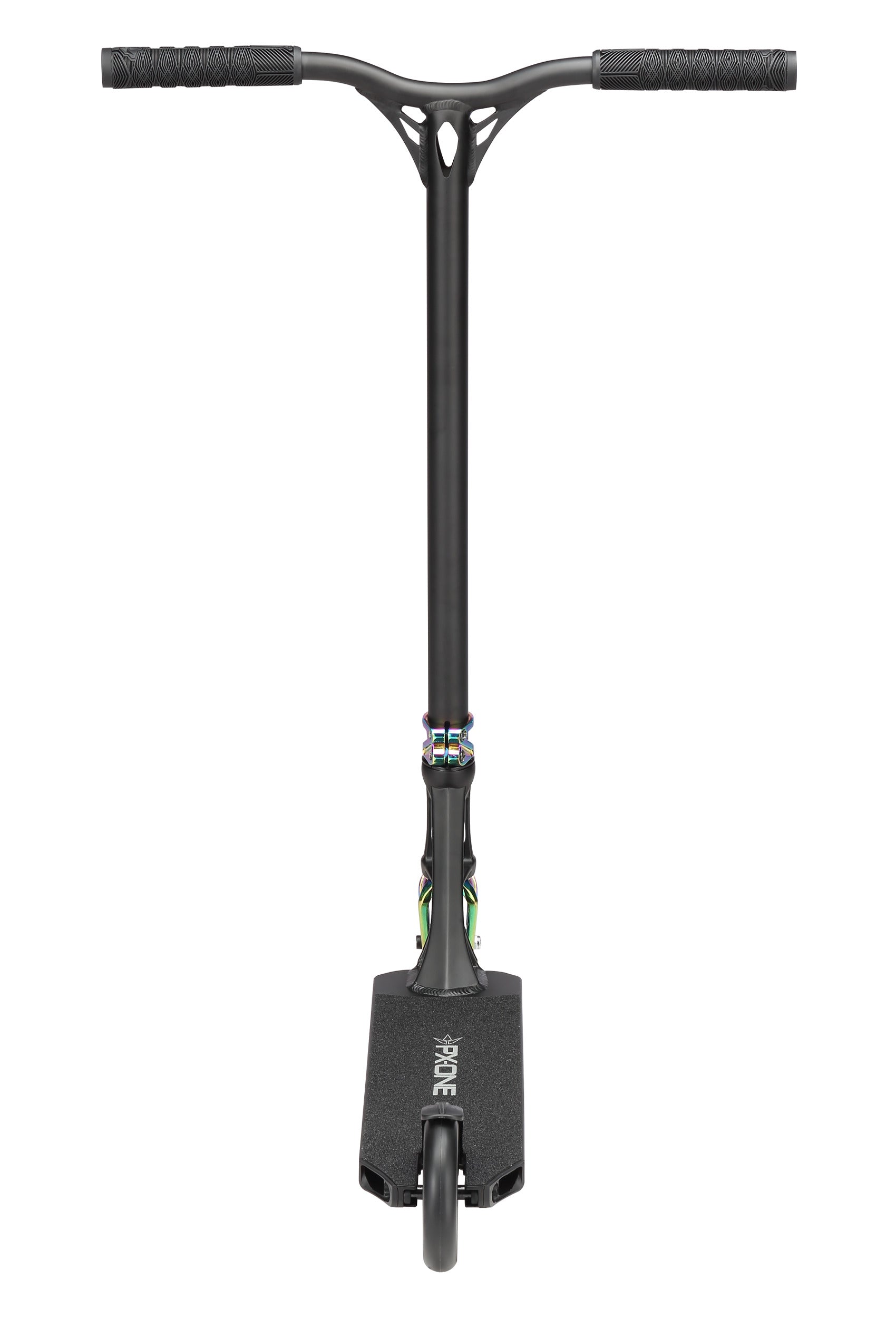 The Blunt Envy Prodigy X ONE Complete Stunt Scooter in Black/Oil Slick Neochrome has wide handlebars, a durable Extech extrusion deck with griptape, and a minimalist design with a single front wheel—seen here from the front.