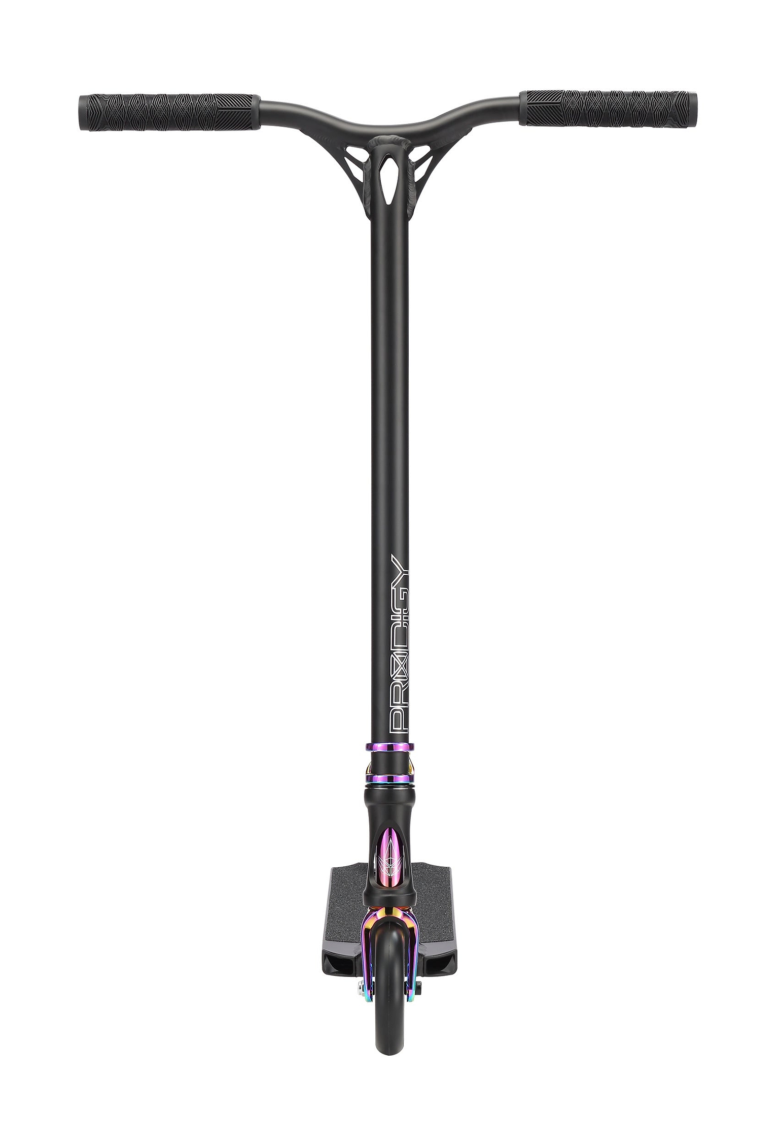 Front view of the Blunt Envy Prodigy X ONE Complete Stunt Scooter in Black/Oil Slick Neochrome, featuring a straight handlebar, small front wheel, wide deck, and "PRODIGY" vertically printed on the stem.