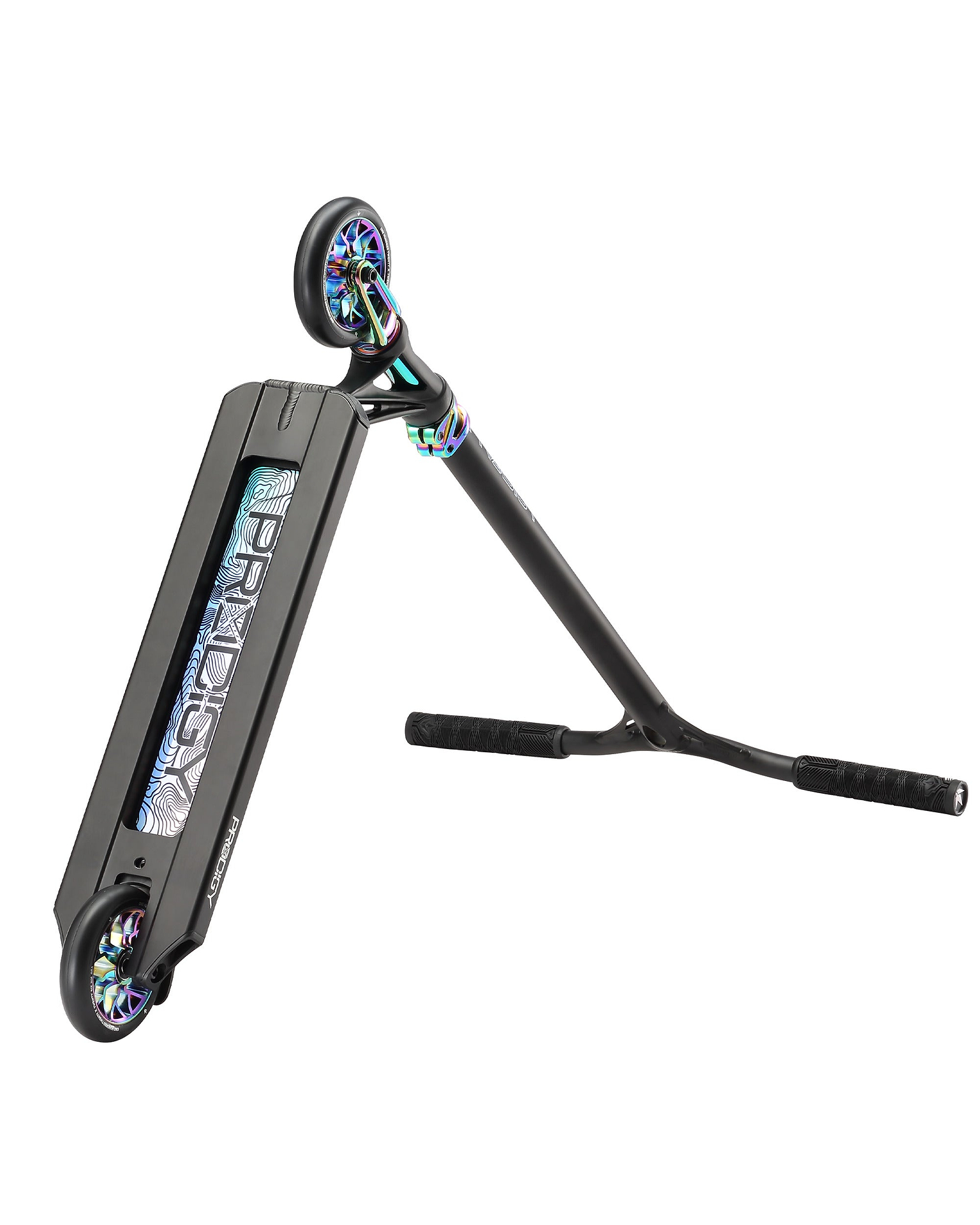 The Blunt Envy Prodigy X ONE Complete Stunt Scooter in Black/Oil Slick Neochrome features iridescent wheels, a graphic underside, durable Extech extrusion deck, and wide handlebars with black grips.