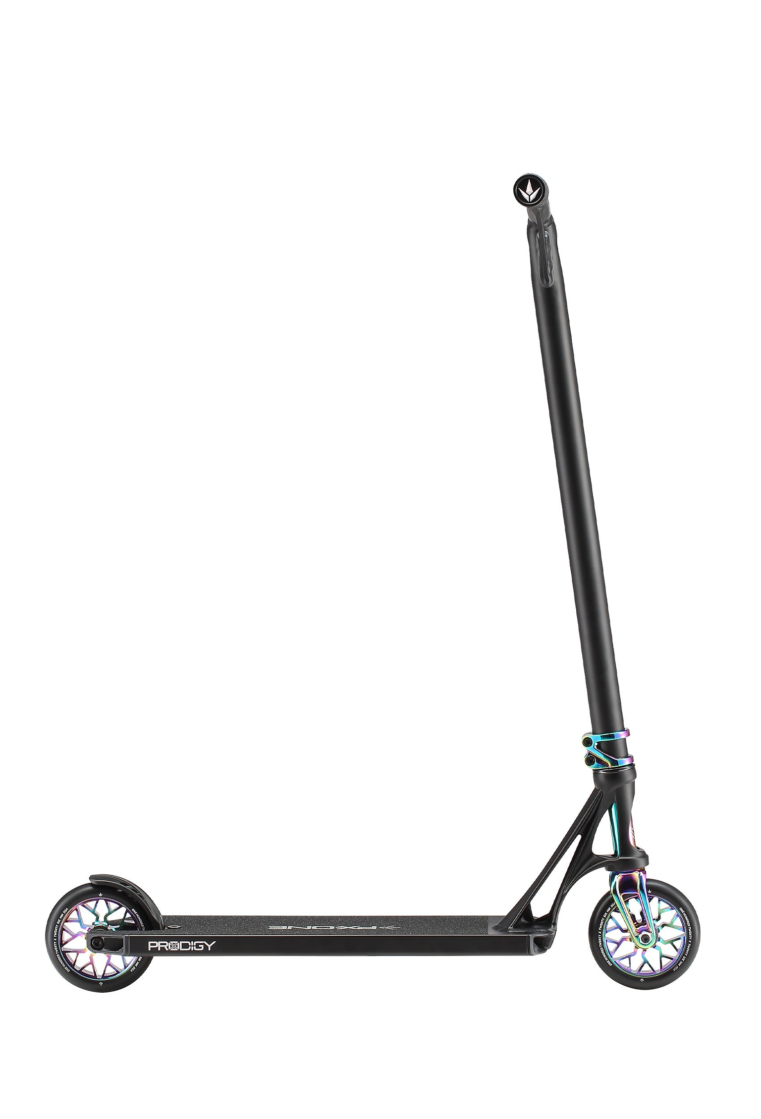 The Blunt Envy Prodigy X ONE Complete Stunt Scooter in Black/Oil Slick Neochrome features a sleek Extech extrusion deck, tall handlebar, and metallic rainbow details on the wheels and clamp, displayed against a plain white background.