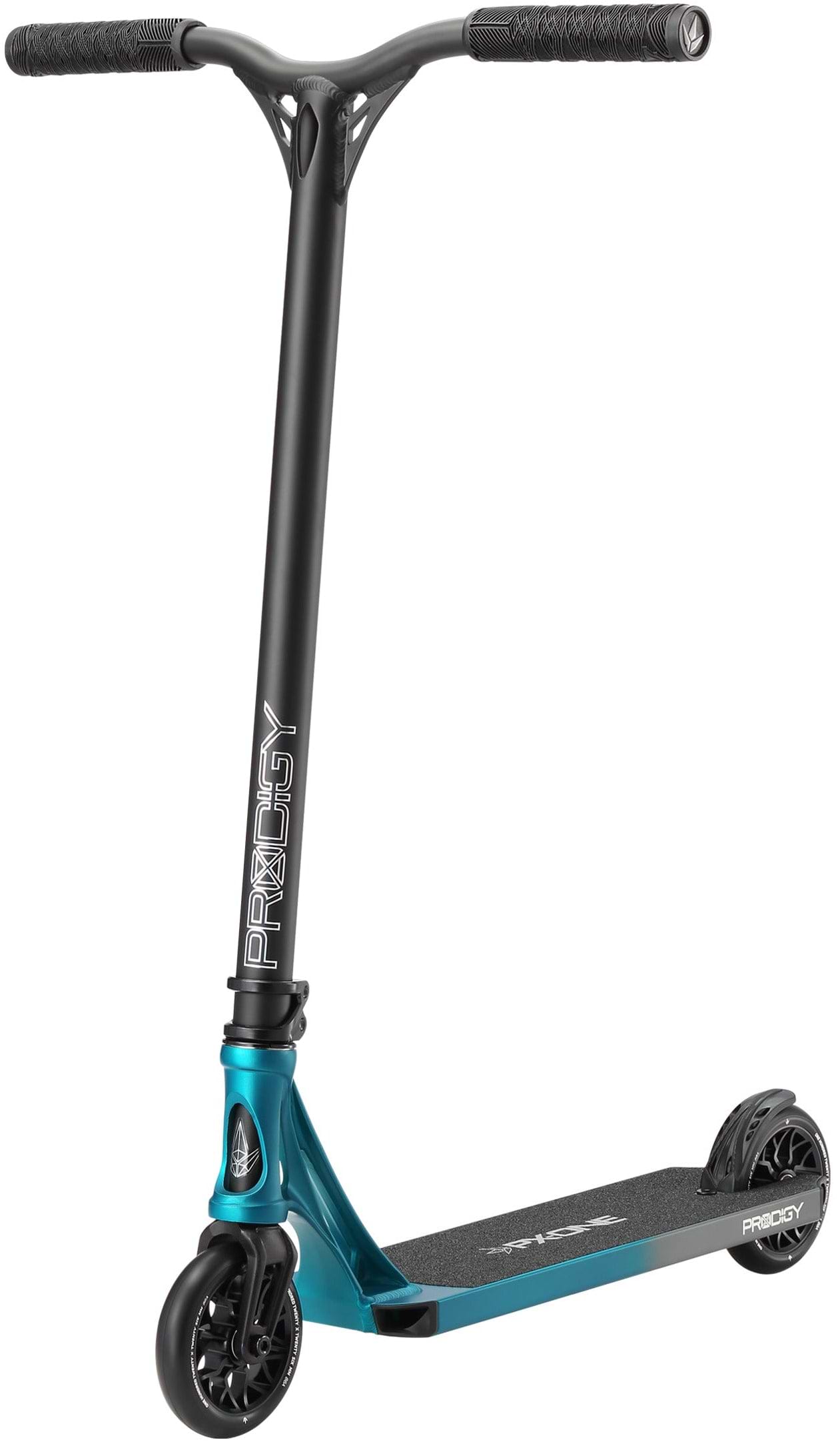 The Blunt Envy Prodigy X ONE Complete Stunt Scooter in teal blue and silver features a wide handlebar with black grips, small black wheels, and “Prodigy” branding on the deck with matching white logo accents on the handlebar.