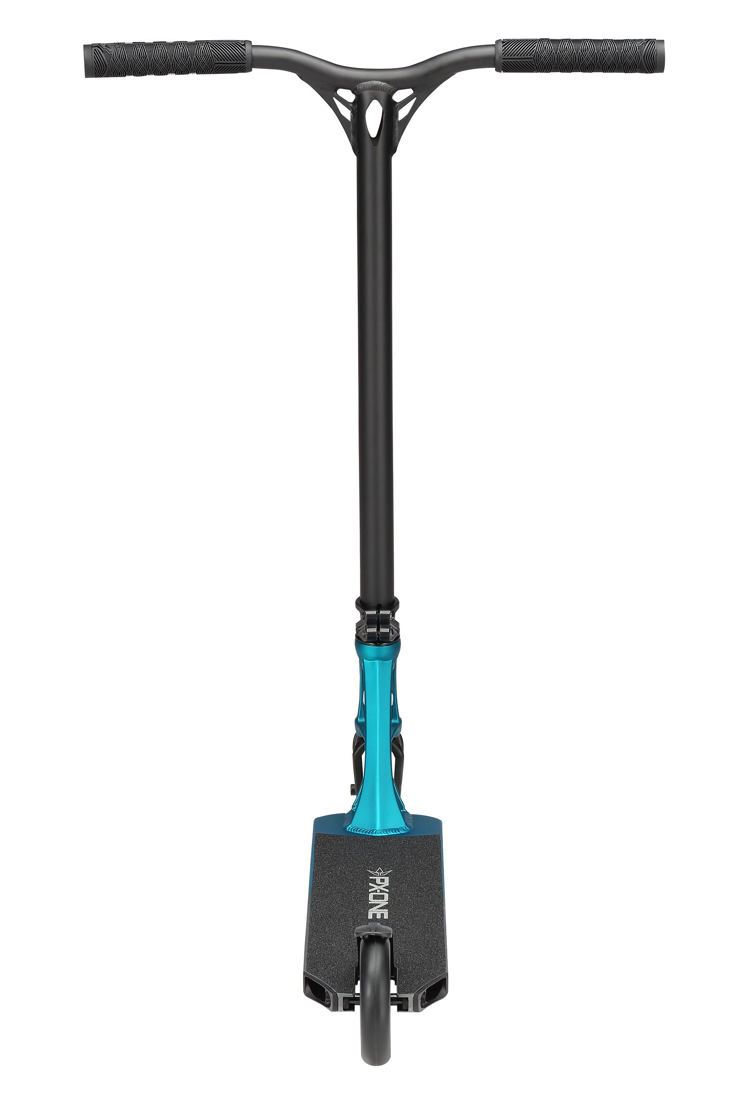Front view of the Blunt Envy Prodigy X ONE Complete Stunt Scooter in teal blue and silver, featuring a T-shaped handlebar, black grips, and one visible front wheel below the deck.
