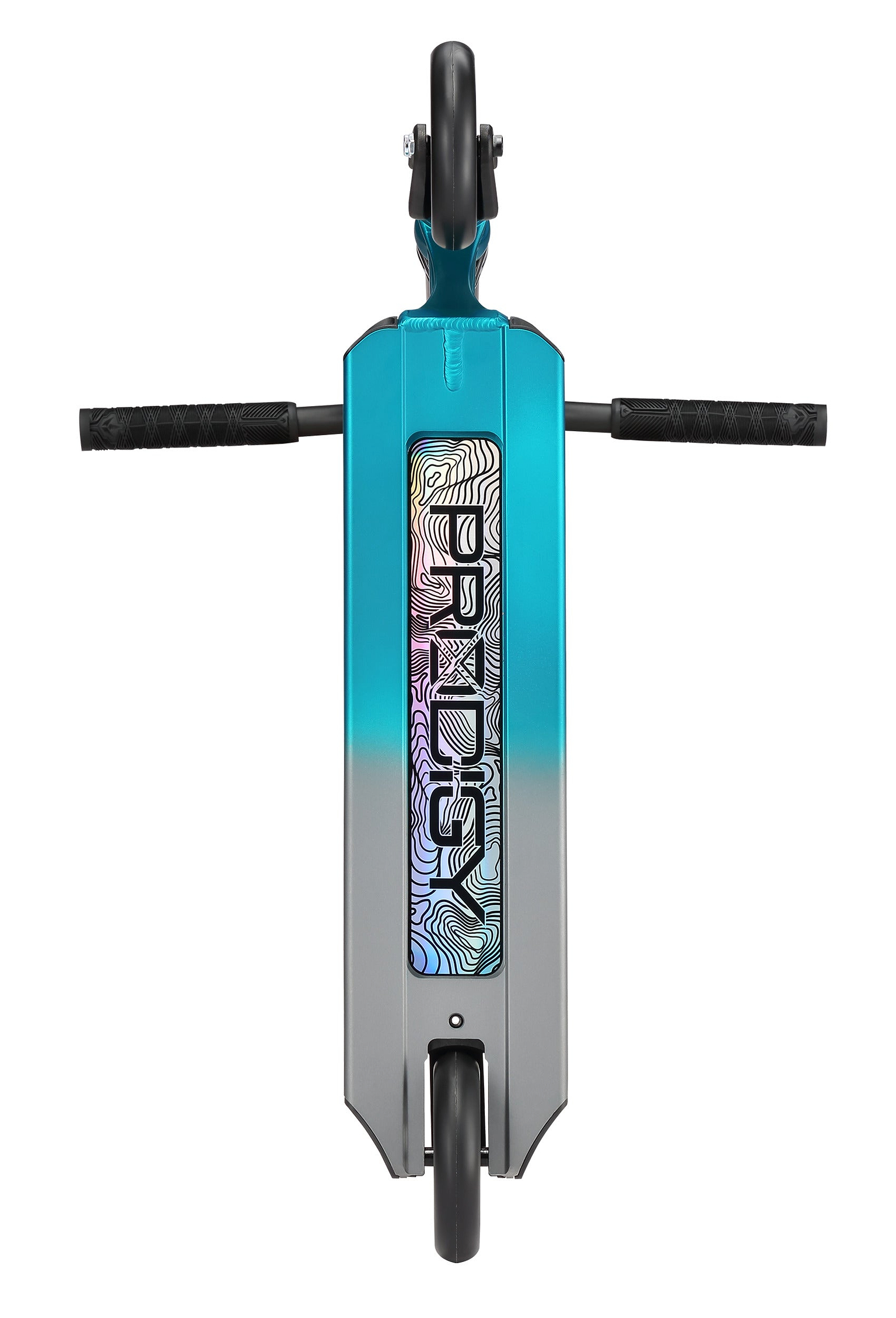 Top-down view of the Blunt Envy Prodigy X ONE Complete Stunt Scooter in Teal Blue/Silver, featuring black handlebar grips and wheels, a vibrant patterned deck, and bold "APEX" lettering.