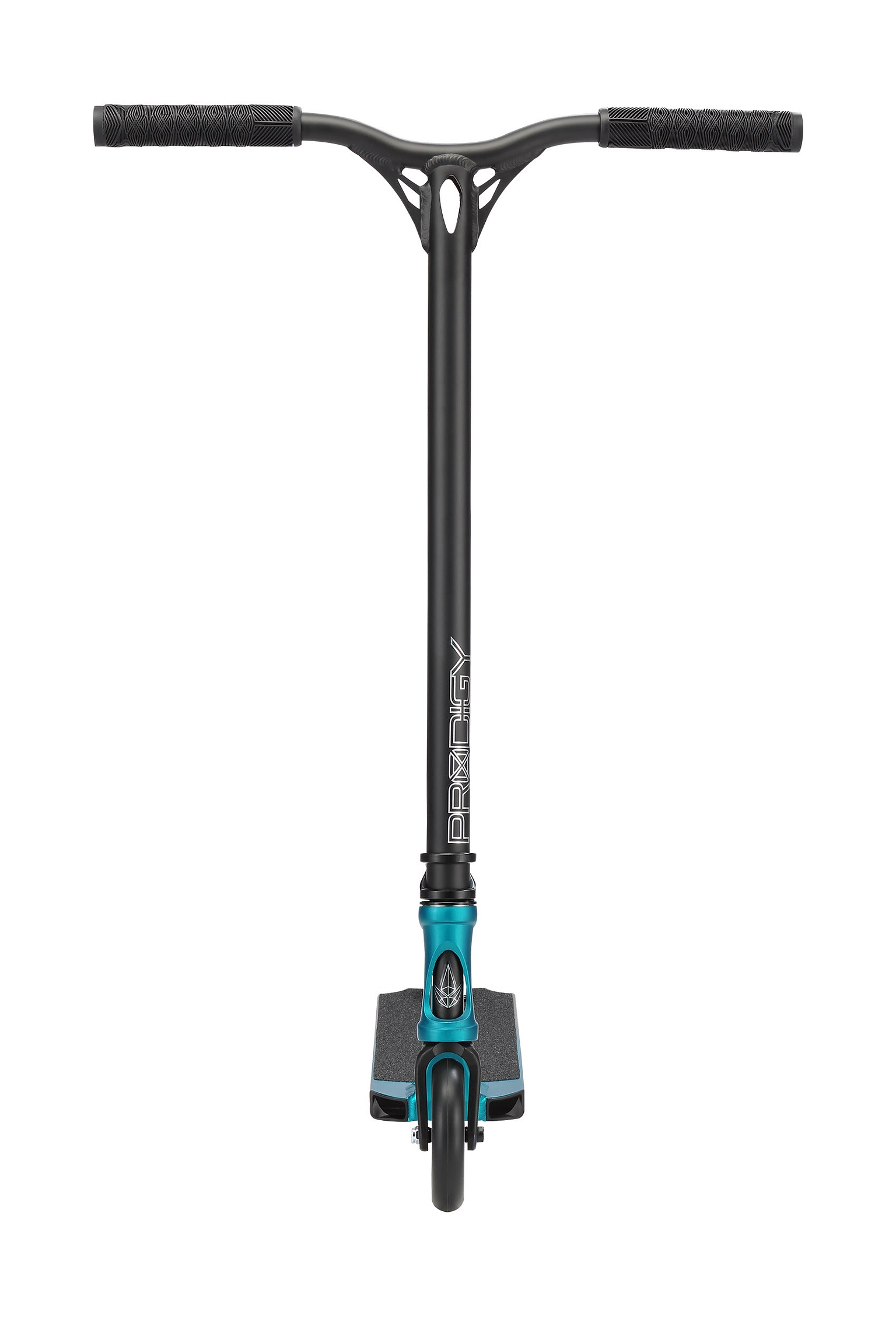 Front view of the Blunt Envy Prodigy X ONE Complete Stunt Scooter in Teal Blue/Silver, featuring black handlebars, matching teal clamp, and a black front wheel. "PRODIGY" is printed vertically on the head tube.