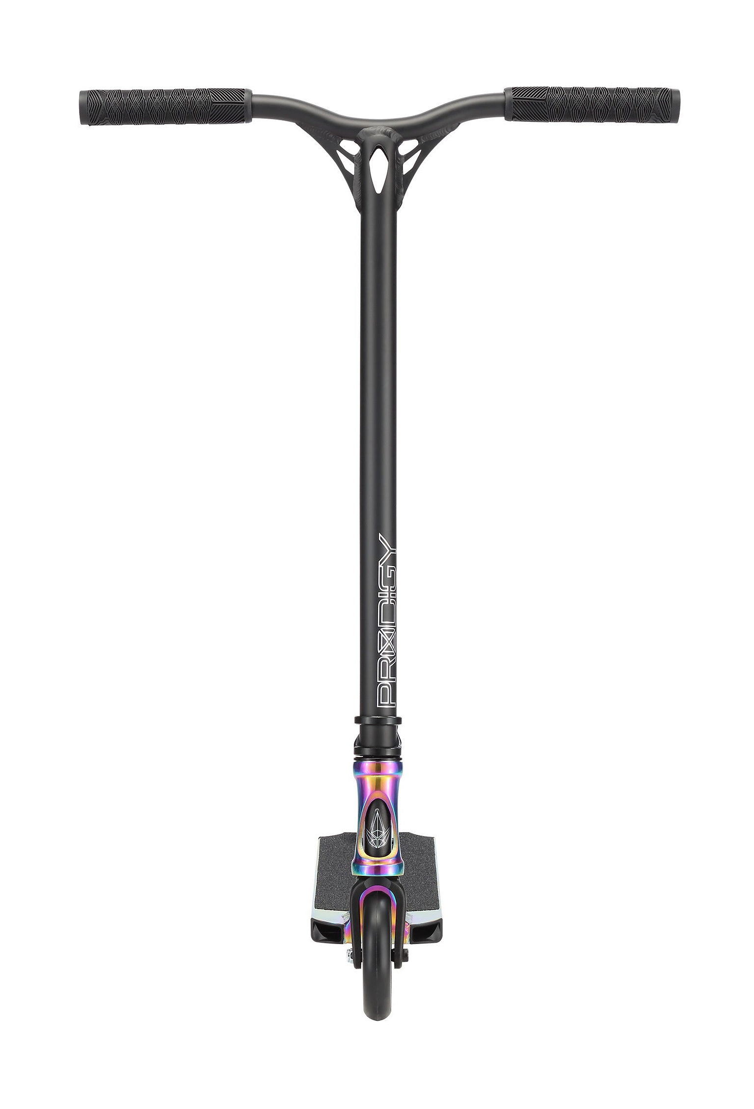 The Blunt Envy Prodigy X ONE Complete Stunt Scooter in Oil Slick Neochrome has a wide handlebar with textured grips, an Extech extrusion deck with grip tape, a colorful metallic clamp, and “Prodigy” branding on the handlebar stem.