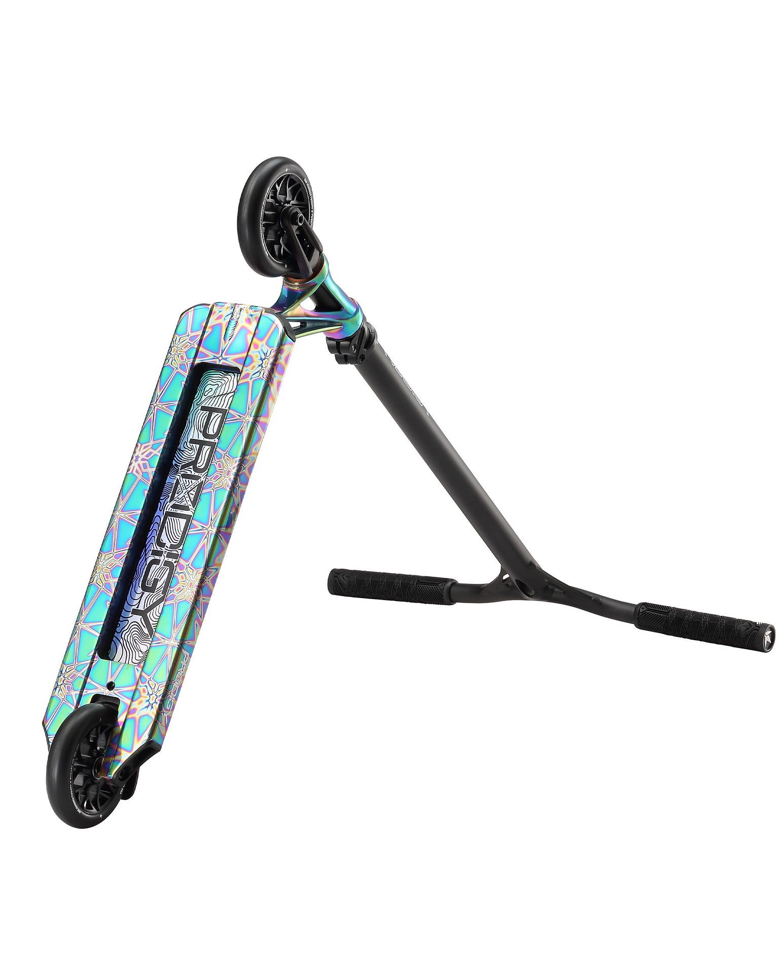 A complete stunt scooter, the Blunt Envy Prodigy X ONE in Oil Slick Neochrome features a black handlebar and vibrant geometric-patterned Extech extrusion deck, displayed on its side to highlight the deck, wheels, and grips.