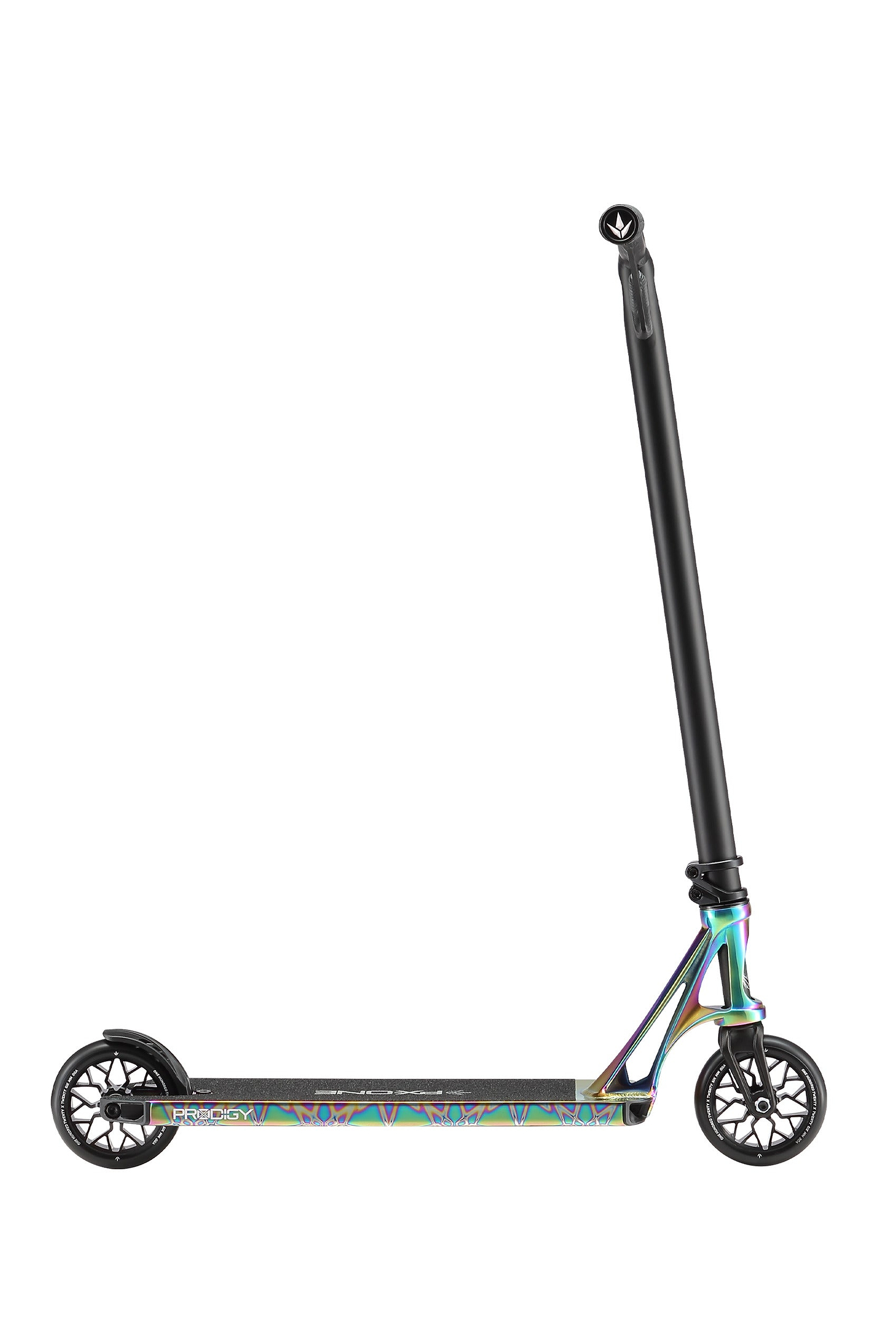 The Blunt Envy Prodigy X ONE Complete Stunt Scooter in Oil Slick Neochrome features a durable Extech extrusion deck, sturdy black handlebars, two black wheels, and a modern design, shown upright against a white background.
