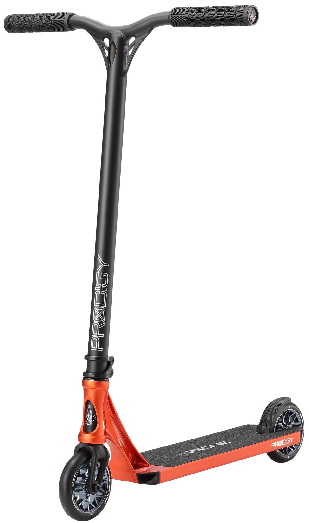 The Blunt Envy Prodigy X ONE Complete Stunt Scooter in orange features a textured handlebar, Extech extrusion deck, and two small black wheels. "PRODIGY" is printed vertically on the front of the handlebar stem.