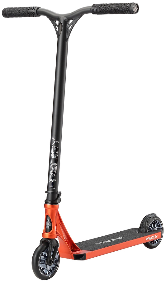 The Blunt Envy Prodigy X ONE Complete Stunt Scooter in orange features a textured handlebar, Extech extrusion deck, and two small black wheels. "PRODIGY" is printed vertically on the front of the handlebar stem.