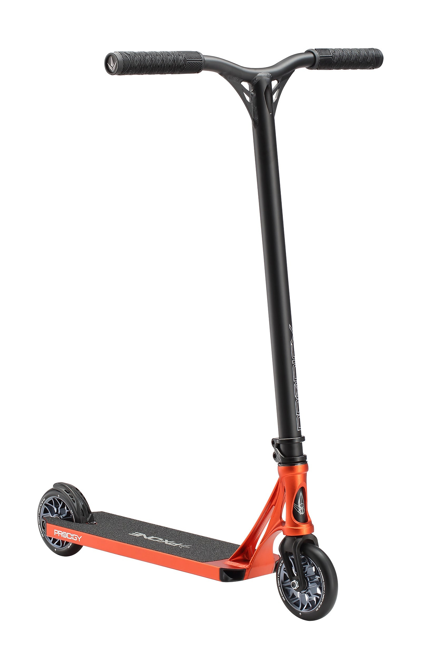 The Blunt Envy Prodigy X ONE Complete Stunt Scooter in orange, featuring a flat Extech extrusion deck, two small wheels, and tall handlebars, is displayed on a white background.