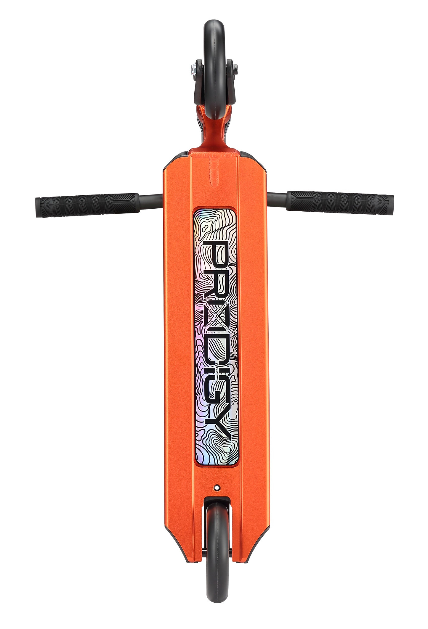 Top-down view of the Blunt Envy Prodigy X ONE Complete Stunt Scooter in orange, featuring black handlebars, black wheels, and an Extech extrusion deck with a bold “PRODIGY” graphic and decorative pattern.