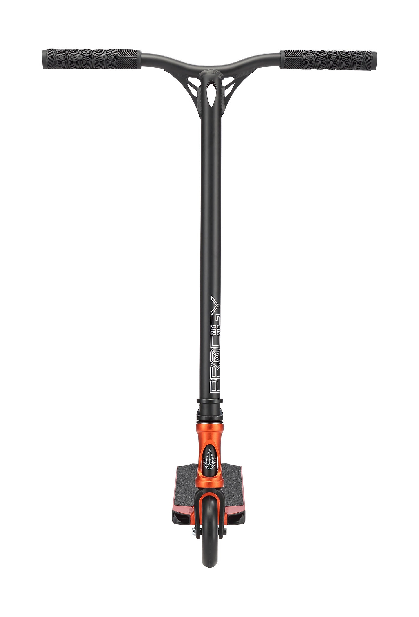 An orange Blunt Envy Prodigy X ONE Complete Stunt Scooter is shown from the front, highlighting its handlebars, stem, single front wheel, and grippy Extech extrusion deck.
