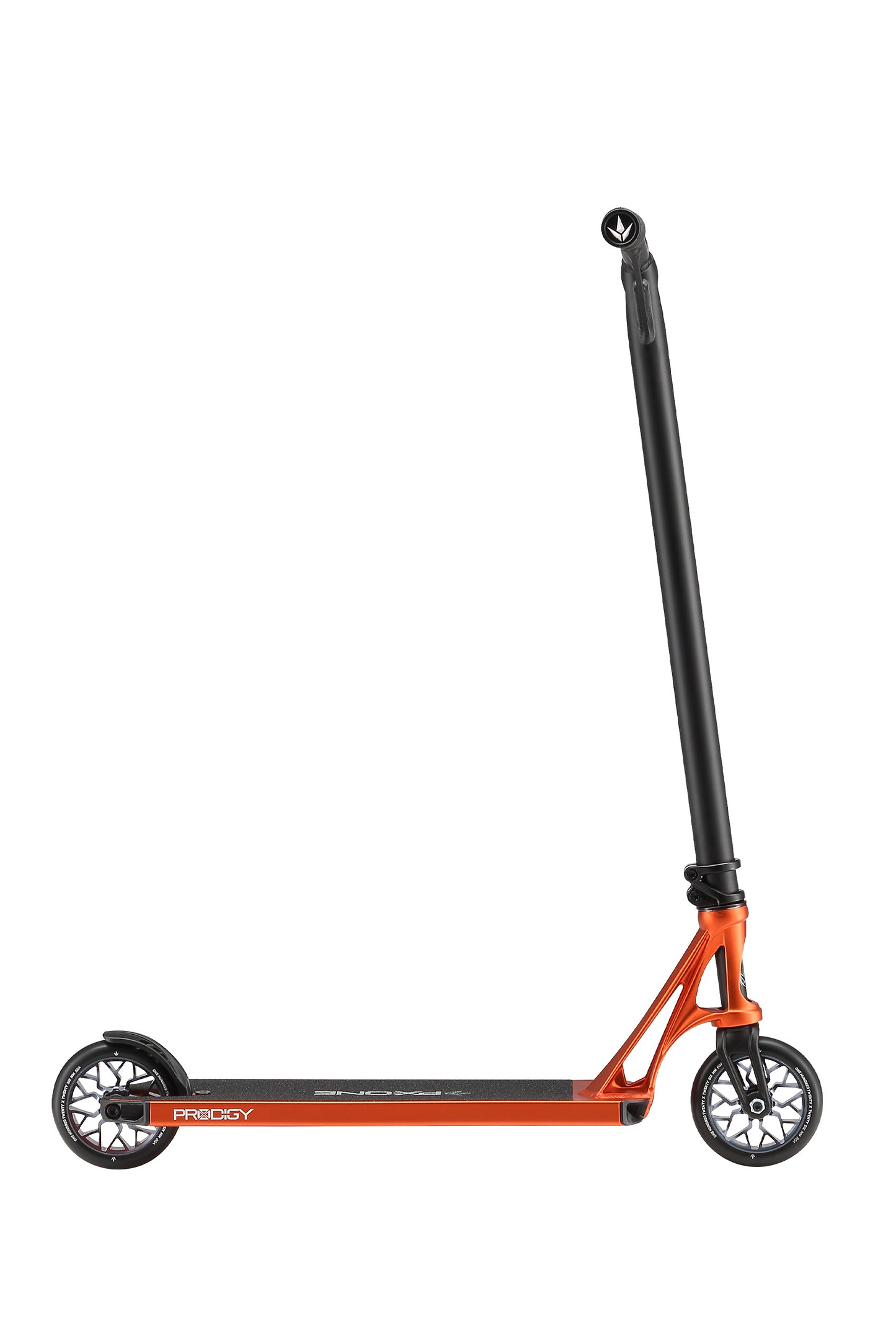 The Blunt Envy Prodigy X ONE Complete Stunt Scooter in orange features a straight handlebar and black wheels, shown upright against a white background.