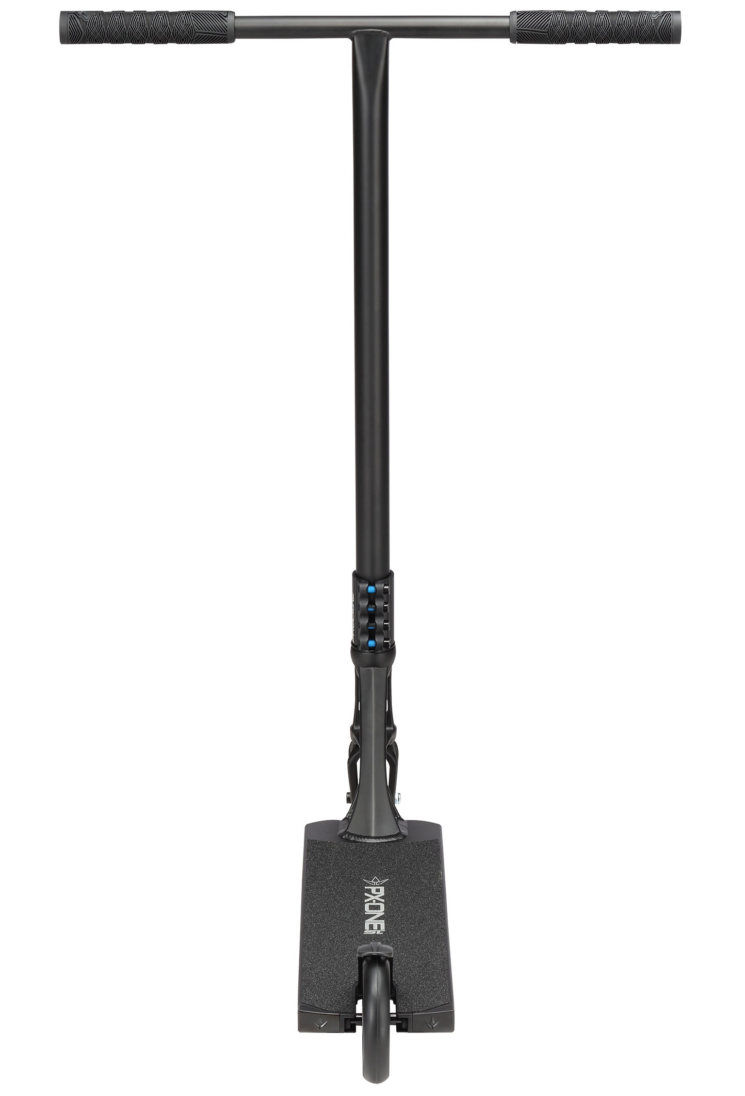 Front view of the Blunt Envy Prodigy X ONE Street Edition Complete Stunt Scooter - Black, featuring a T-shaped handlebar, textured grips, wide deck, and the “Blunt Envy” brand logo visible on the deck above the front wheel.