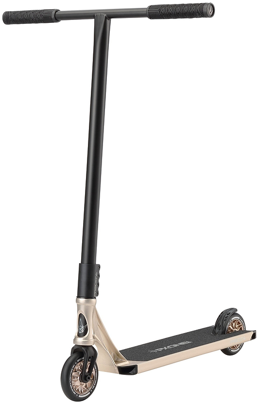 The Blunt Envy Prodigy X ONE Street Edition Complete Stunt Scooter in Ivory features a wide T-bar, black grip tape on the deck, and two bronze-tone wheels; this durable scooter is pictured at a slight angle.