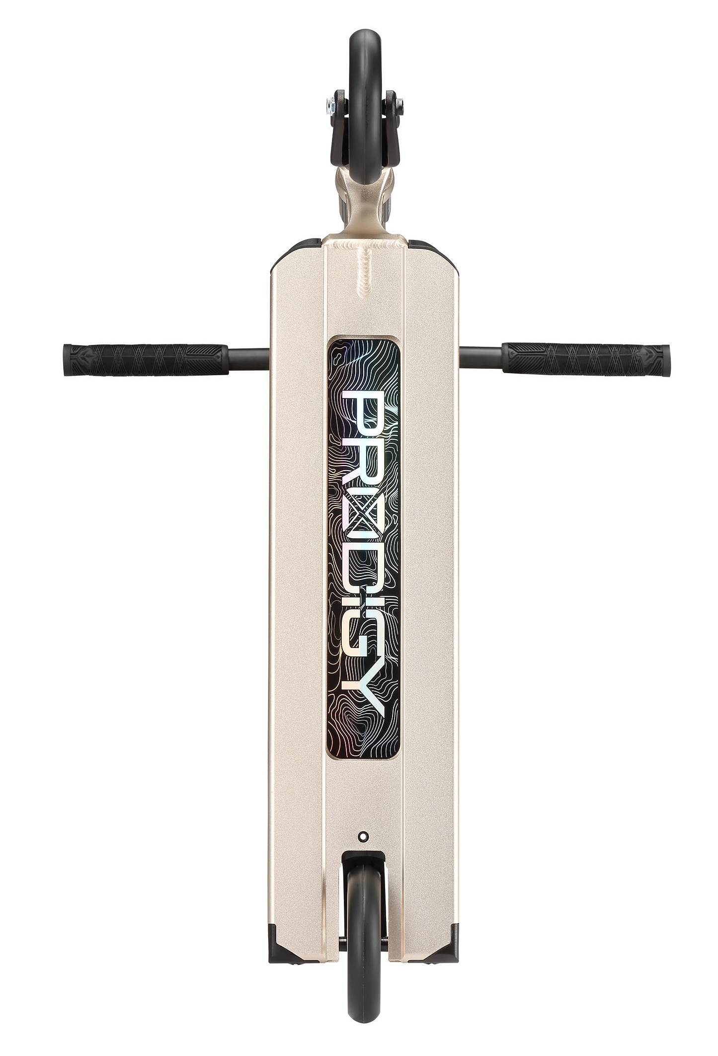 Top-down view of the Blunt Envy Prodigy X ONE Street Edition Complete Stunt Scooter in Ivory, featuring black handlebars and wheels—ideal for street-style riders seeking durability and performance.