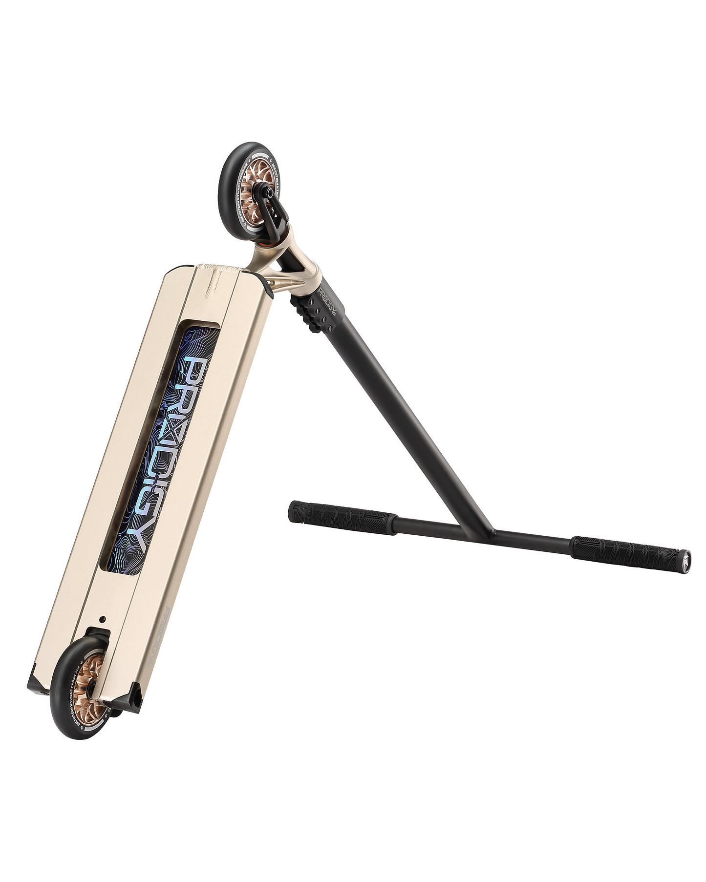 An ivory Blunt Envy Prodigy X ONE Street Edition stunt scooter is shown from a low angle, one wheel on the ground and one raised. The underside of the deck features "Prodigy" in bold lettering.