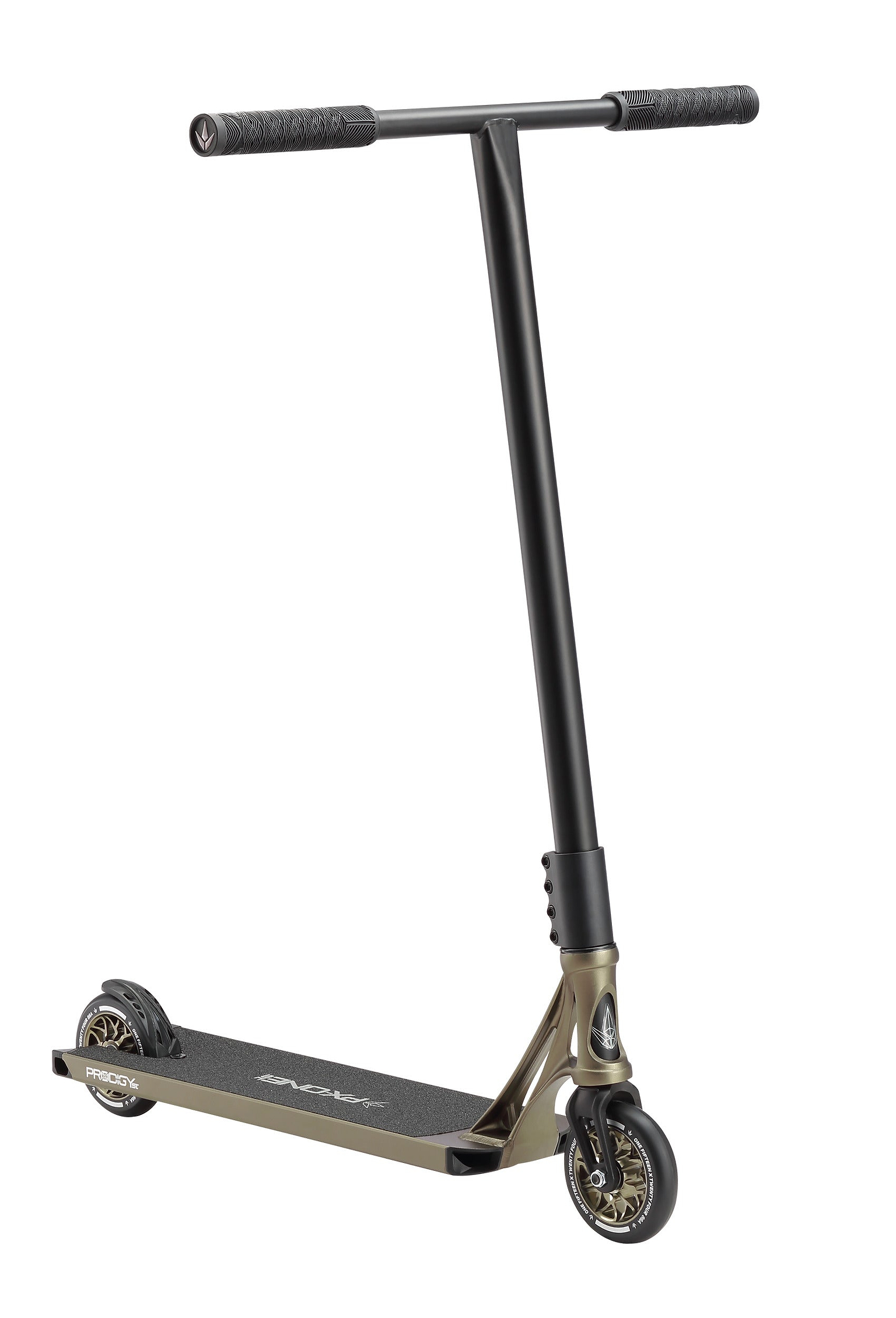 The Blunt Envy Prodigy X ONE Street Edition Complete Stunt Scooter in olive features a straight handlebar, small wheels, and a textured deck, designed for tricks and freestyle riding with advanced Prodigy technology.
