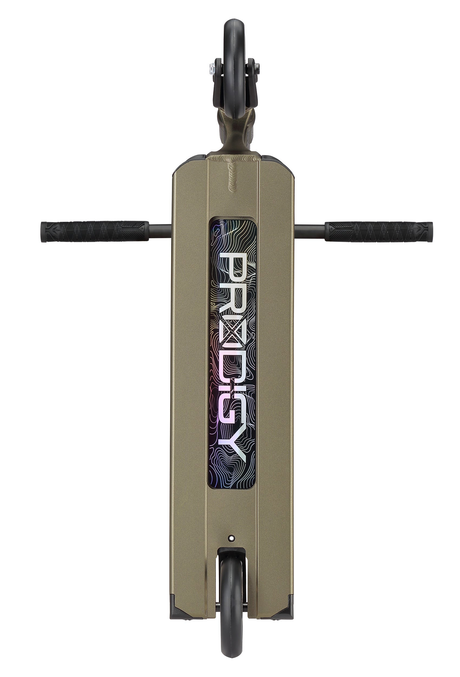 Top-down view of the Blunt Envy Prodigy X ONE Street Edition Complete Stunt Scooter in olive, featuring black handlebars and wheels, a holographic "PROSENY" logo, wavy centerline pattern, and advanced Prodigy technology.