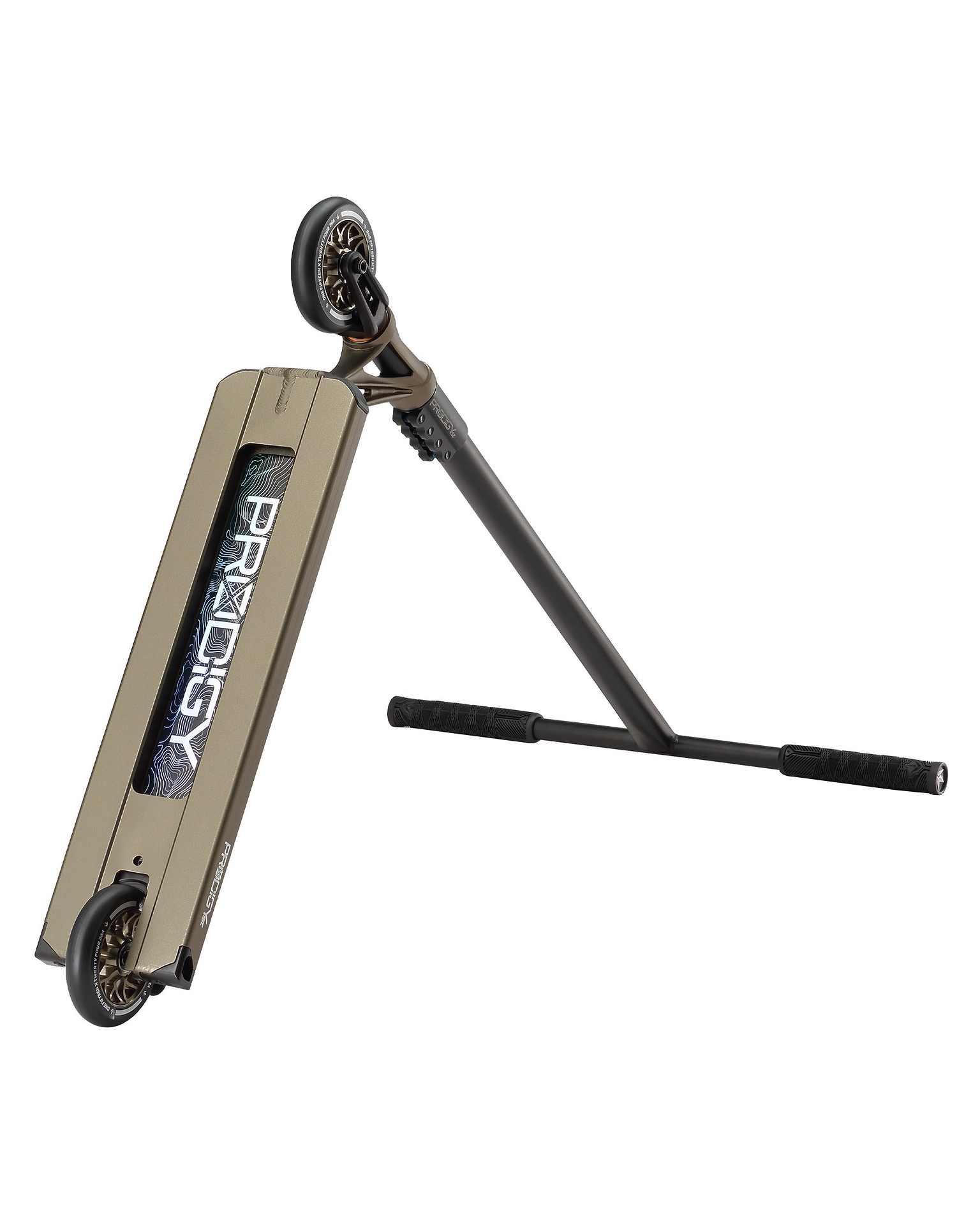 The Blunt Envy Prodigy X ONE Street Edition Complete Stunt Scooter in Olive features a "PRODIGY"-labeled khaki deck, black handlebars and wheels, shown angled with one handle on the ground—experience top street scooter technology.